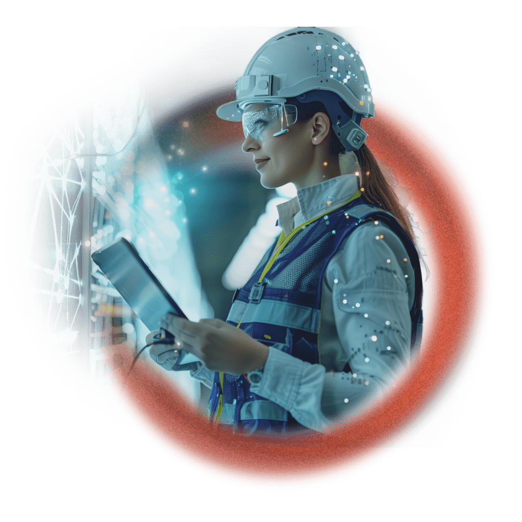 Une femme portant un équipement de sécurité, notamment un casque et des lunettes de protection, utilise une tablette tout en se tenant à côté d'un écran numérique affichant des nœuds et des données interconnectés. La scène est éclairée par un éclairage bleu et un graphique circulaire rouge recouvre l'image, mettant en valeur la tribu des designers qui relèvent le défi.
